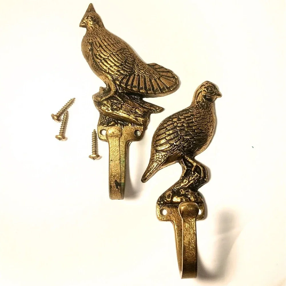 2 Cast Solid Keeler Brass Game Bird Wall HOOKS 4.5